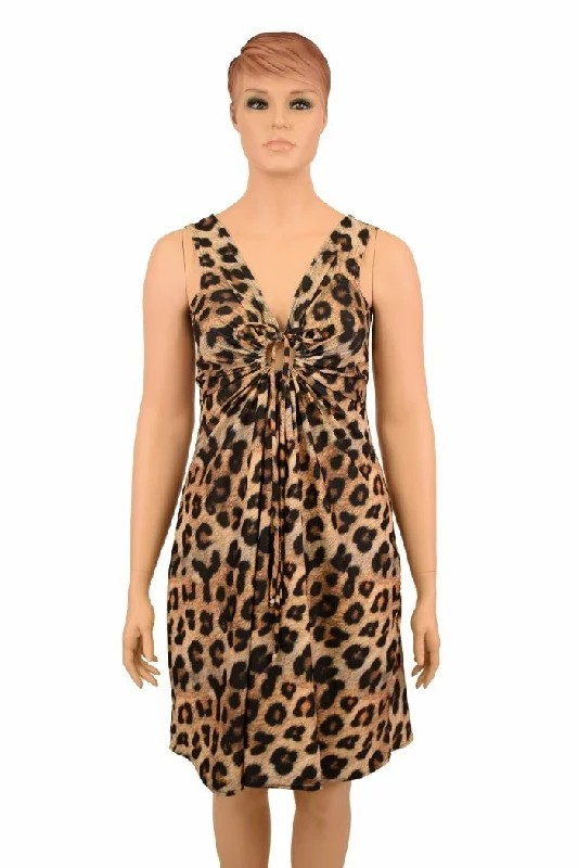 Leopard Print A-line Drawstring Keyhole Dress