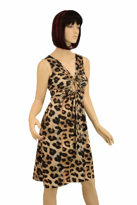 Leopard Print A-line Drawstring Keyhole Dress