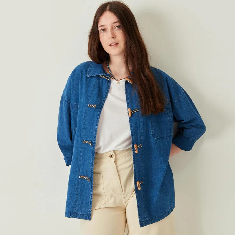 Long Sleeve Toggle Button Lapel Collar Denim Shirt Jacket - Blue Denim Fabric Leather Fabric Suede Fabric Long Sleeve Toggle Button Lapel Collar Denim Shirt Jacket - Blue Denim Fabric Leather Fabric Suede Fabric