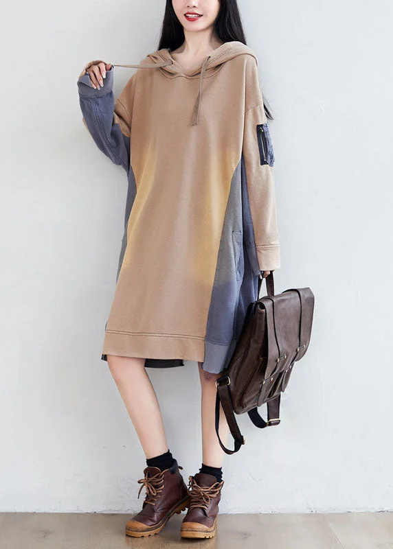 Loose Khaki hooded Asymmetrical Pockets Patchwork Sweatshirts dresses Spring Hoodie with Sequins Glamorous Eye-catching Loose Khaki hooded Asymmetrical Pockets Patchwork Sweatshirts dresses Spring Hoodie with Sequins Glamorous Eye-catching