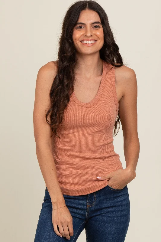 Mauve V-Neck Ribbed Tank Top slim fit tank
