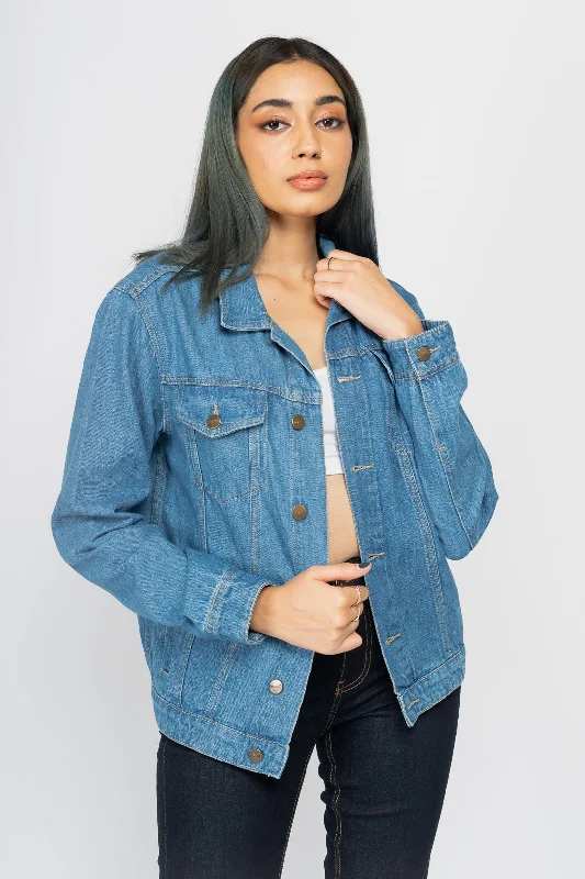 Mid-Blue Denim Trucker Jacket Embroidered Jacket Appliqued Jacket Beaded Jacket