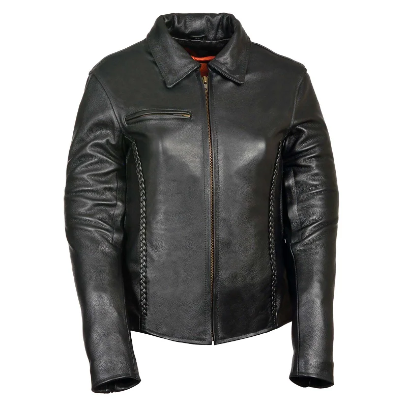 Milwaukee Leather SH7093 Women's Black Leather Braided Jacket with Shirt Style Collar Fleece Jacket Down Jacket Parka