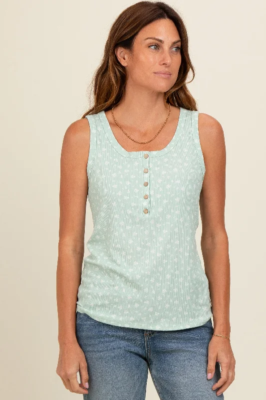Mint Green Floral Ribbed Henley Tank Top white tank top