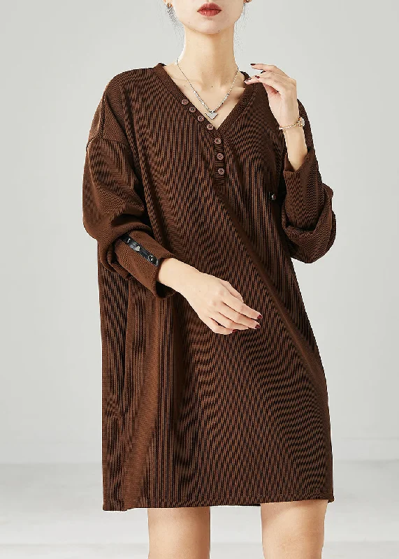 Modern Brown V Neck Cotton Sweatshirt Dress Spring Cotton Hoodie Fleece Lining Warmth Modern Brown V Neck Cotton Sweatshirt Dress Spring Cotton Hoodie Fleece Lining Warmth