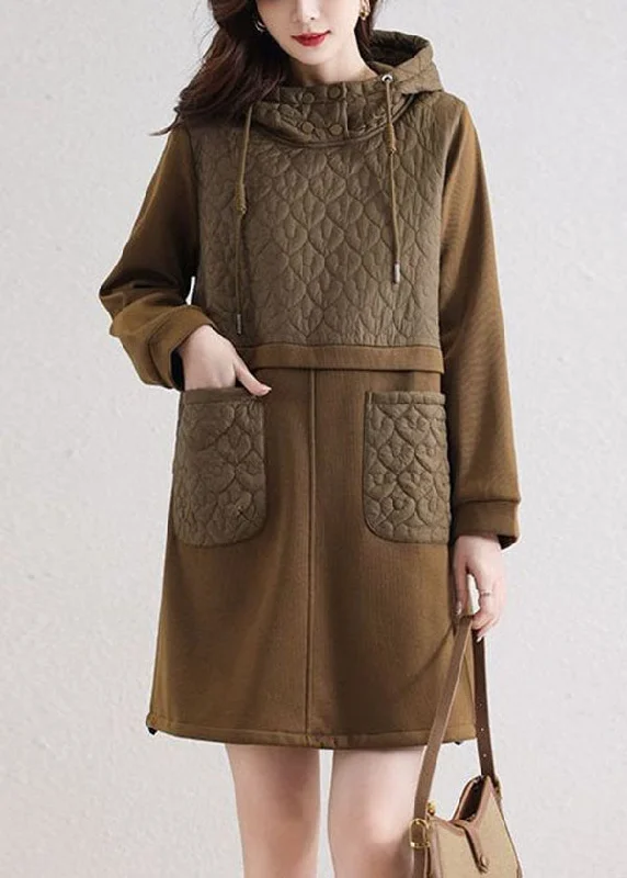 Modern Khaki Hooded Patchwork Pockets Cotton Loose Sweatshirt Dress Spring Hoodie with Hem Raw Edge Edgy Unfinished Modern Khaki Hooded Patchwork Pockets Cotton Loose Sweatshirt Dress Spring Hoodie with Hem Raw Edge Edgy Unfinished