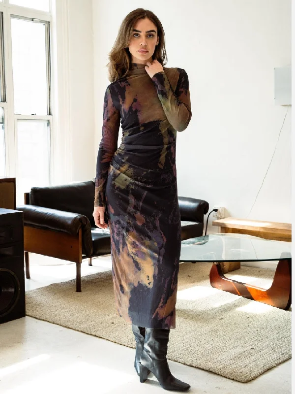Multi Mesh Watercolor Ruched Multi Dress