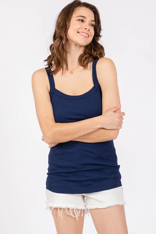 Navy Ribbed Sleeveless Tank Top cold shoulder tank