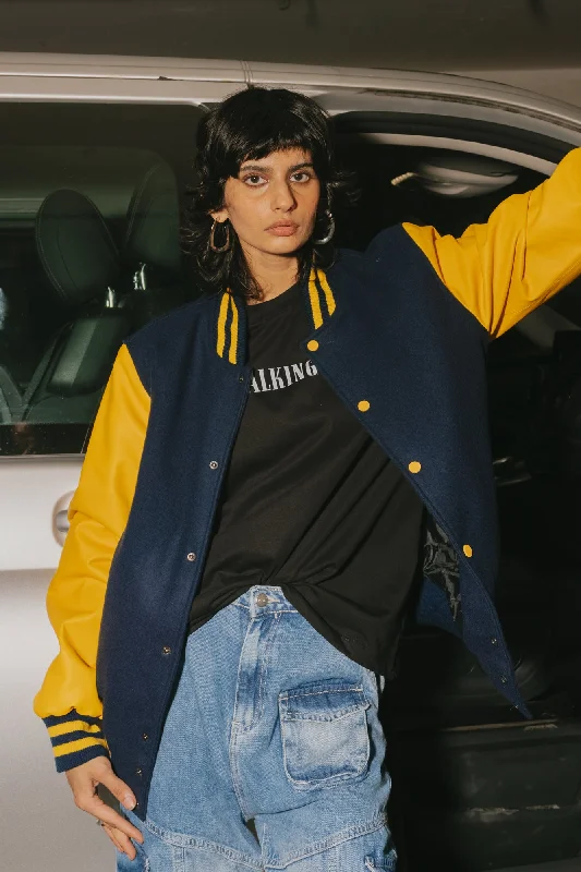 Navy Varsity Jacket Stand-Up Collar Roll-Neck Collar Turtle Neck