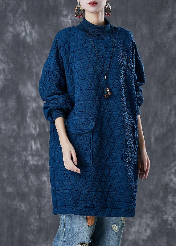 Navy Warm Fine Cotton Filled Sweatshirt Dress High Neck Pockets Winter Hoodie with Ribbed Neckline Snug Warm Navy Warm Fine Cotton Filled Sweatshirt Dress High Neck Pockets Winter Hoodie with Ribbed Neckline Snug Warm