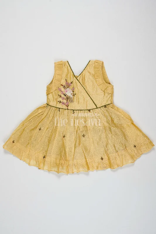 Mustard Chanderi Cotton Frock for Girls with Bird Embroidery – Festive and Casual Dress
