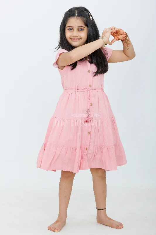 Pink Gingham Cotton Dress with Flutter Sleeves and Tassel Belt for Girls Daily Wear