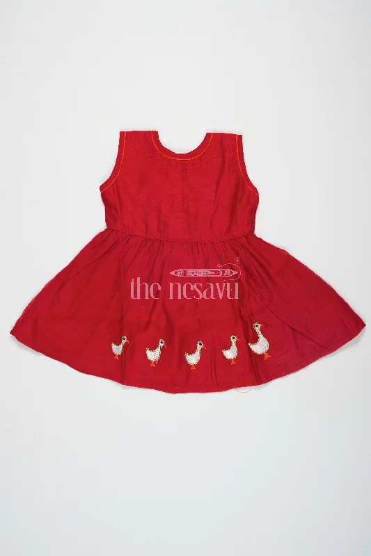 Red Chanderi Cotton Frock for Girls with Duck Embroidery – Playful Casual Dress