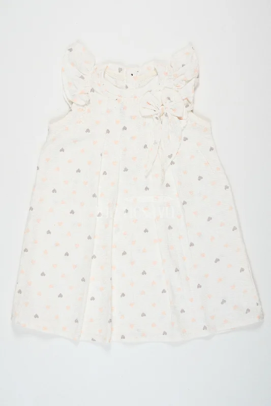 White Cotton Frock with Heart Print and Ruffle Sleeves, Double Cloth Muslin Girls Dress for Special Occasions
