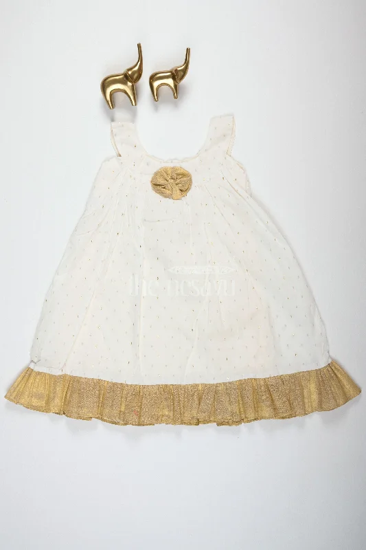White Frock ALine Cotton Dress with Golden Motifs and Tissue Hemline