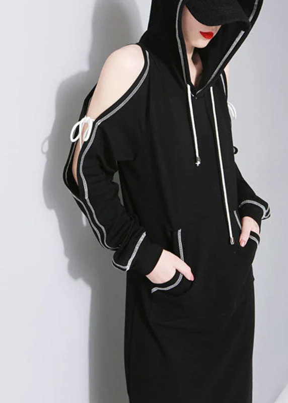 New Black hooded Pockets asymmetrical design Fall Sweatshirts Dresses Hoodie with Cropped Fit Short Trendy New Black hooded Pockets asymmetrical design Fall Sweatshirts Dresses Hoodie with Cropped Fit Short Trendy