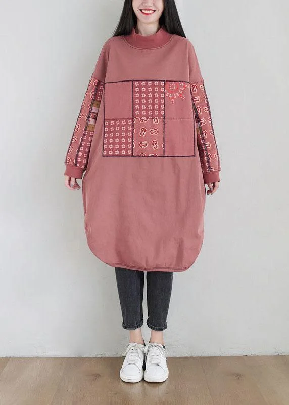 New Pink Patchwork Side Open Fall Dress Sweatshirts Hoodie with Drop Shoulder Relaxed Streetwear