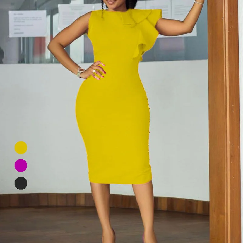 NiDELL D216 European and American Women's Clothing . Summer Ruffles Solid Color Sheath Tight Business Ol Temperament Cross-Border Dress