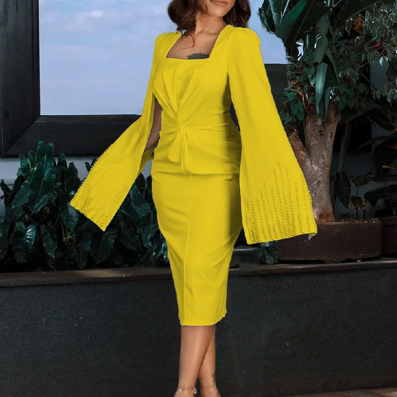 NiDELL D264 Amazon European and American plus Size Women's Clothes . New Fashion Bead Cloak Twist Solid Color European and American Style Dress