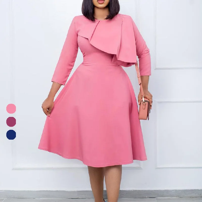 NiDELL D274 Amazon European and American Foreign Trade Women's Clothing . Autumn and Winter New round Neck Solid Color Elegant Big Hem Cross-Border Dress