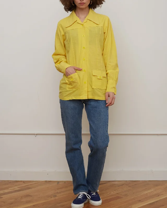Indian Cotton Shirts Jacket / Yellow Welt Pockets Slit Pockets Flap Pockets