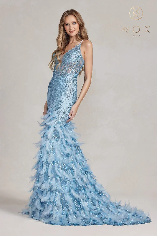 Nox Anabel C1111 Long Sheer Glitter 3D Lace Feather Mermaid Prom Dress Formal Evening Gown