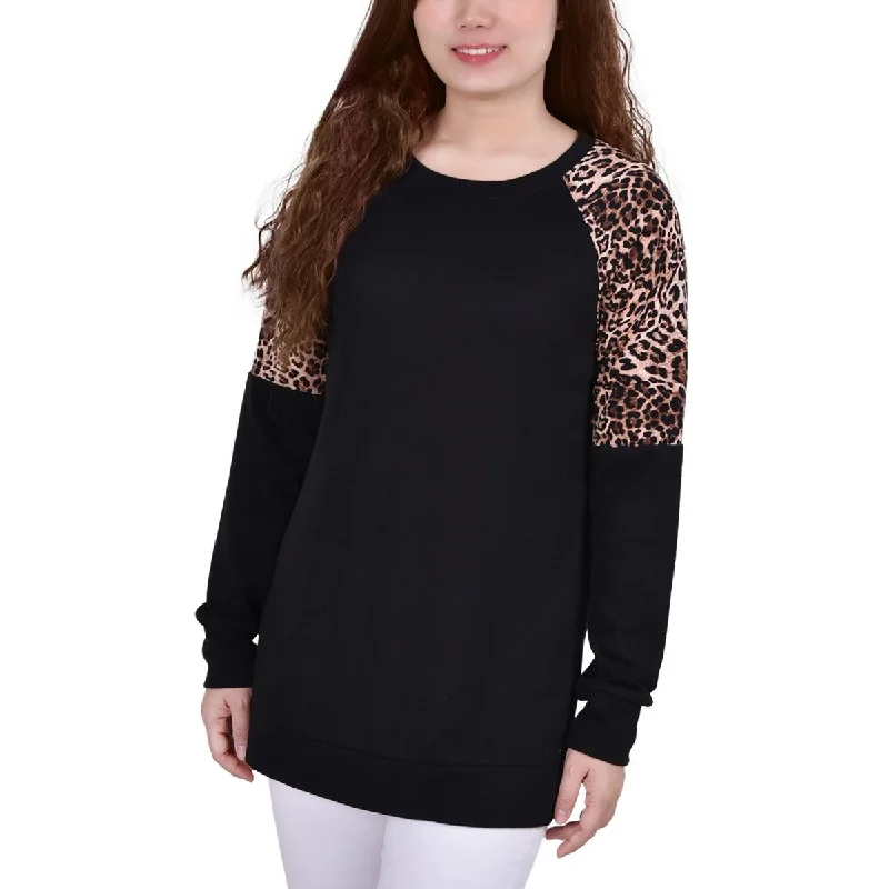 NY Collection Womens Petites Leopard Print Long Sleeve Pullover Top Sabrina Neck Pullover