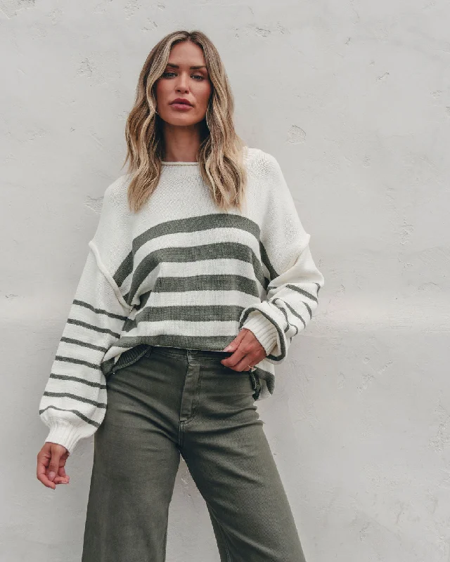 Olive and Cream Striped Pullover Sweater Sabrina Neck Pullover