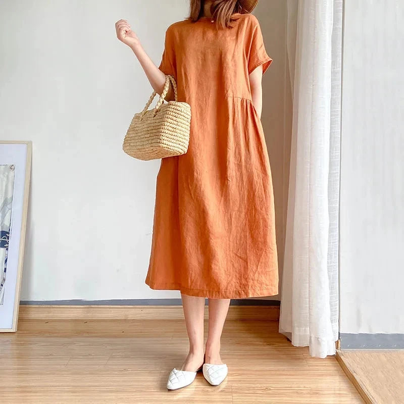Orange Casual Chic O-Neck Loose Pullover Korean Mid-Calf Spring Midi Dresses Saggy Sleeve Comfort