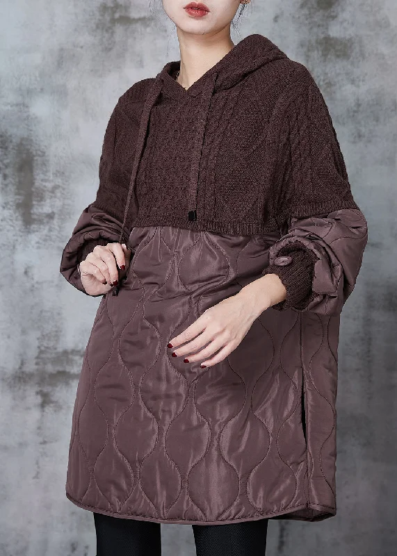 Organic Brown Hooded Patchwork Knit Sweatshirts Dress Spring Hoodie with Hem Lace Feminine Delicate