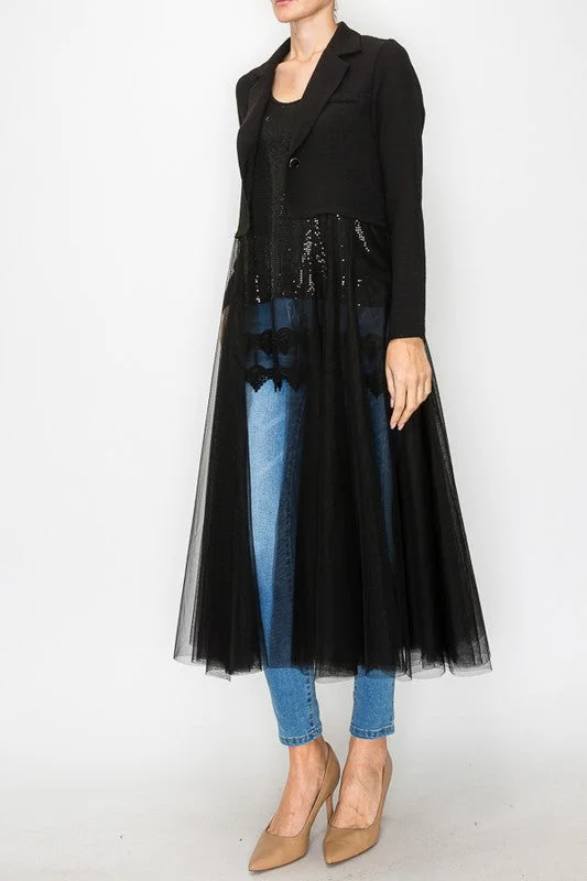 Origami Crop Blazer w/ Long Mesh Trim Spring Women's Coat