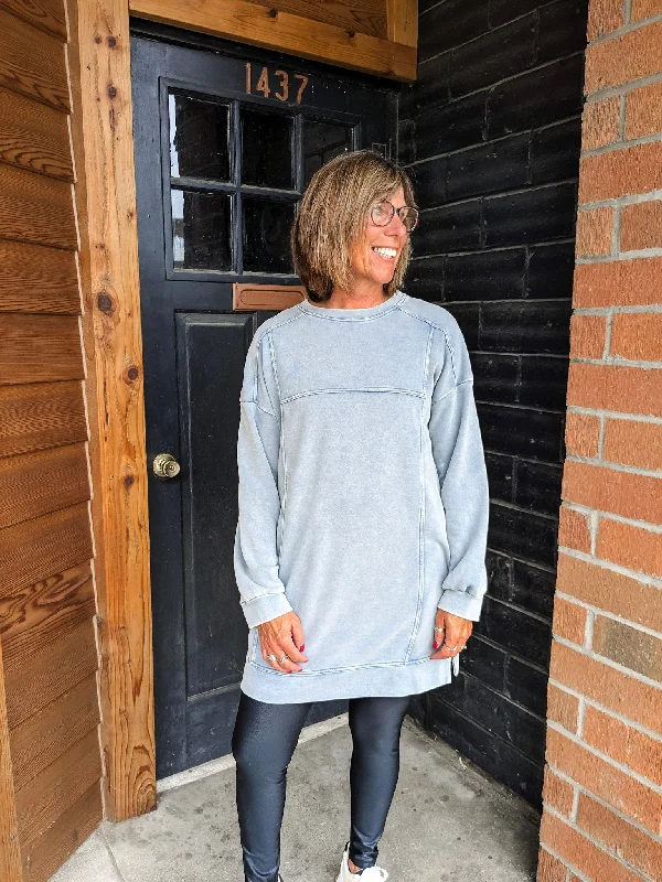 Oversized Sweatshirt Mini Dress - Denim Hoodie Jacket Zipper Layering
