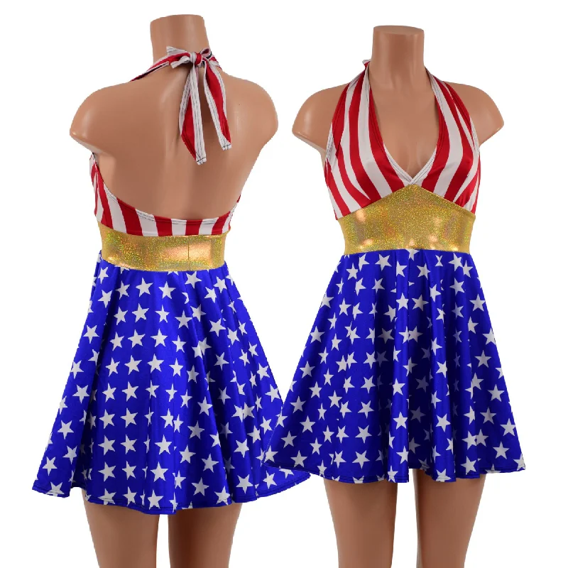 Patriotic Stars and Stripes Halter Skater Dress