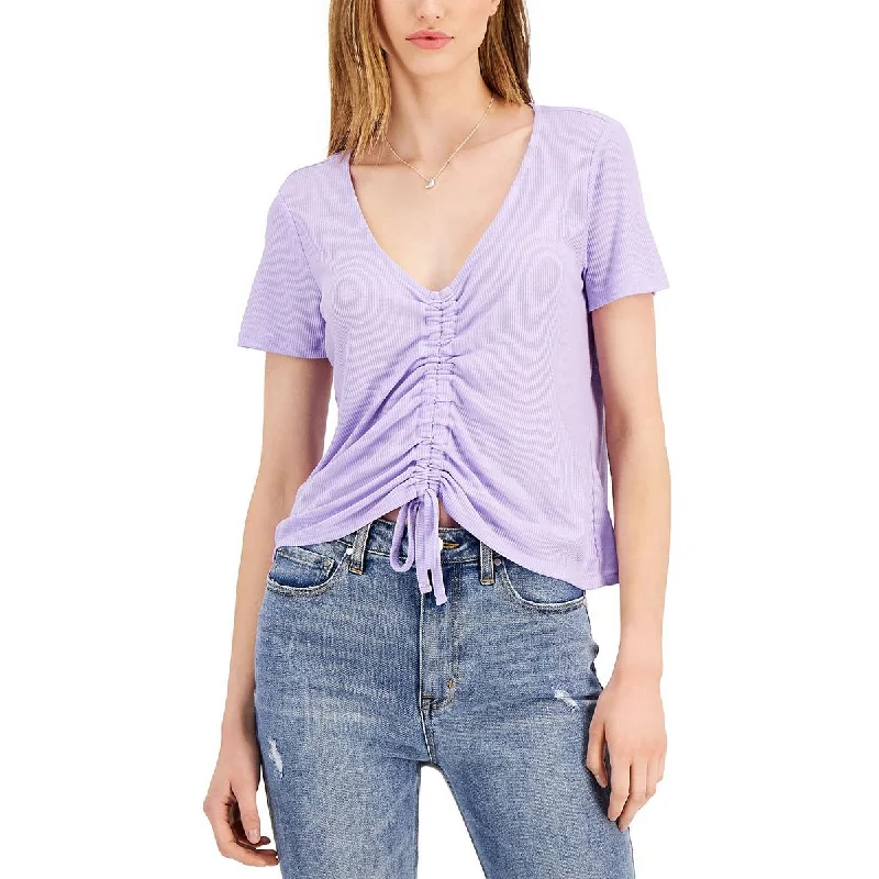 Planet Gold Womens Juniors Ribbed Ruched Pullover Top Asymmetrical Neck Pullover