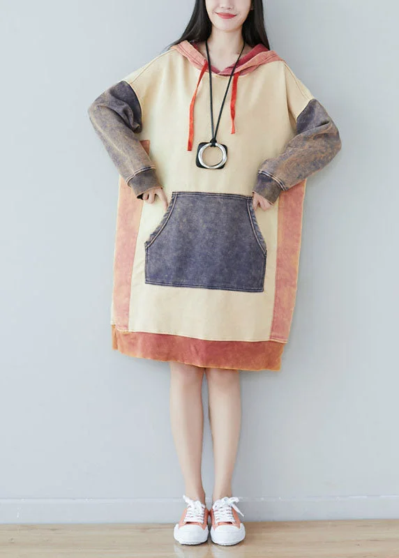 Plus size Beige Patchwork Sweatshirts dresses Spring Hoodie with Exposed Zipper Edgy Industrial Plus size Beige Patchwork Sweatshirts dresses Spring Hoodie with Exposed Zipper Edgy Industrial