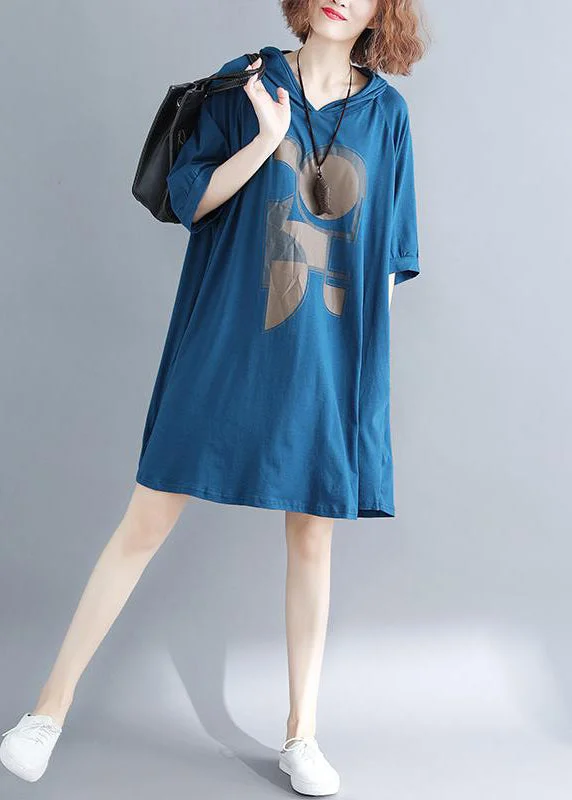 Plus Size Blue Hooded Print Cotton Sweatshirt Dress Summer Hoodie with Longline Fit Extended Stylish Plus Size Blue Hooded Print Cotton Sweatshirt Dress Summer Hoodie with Longline Fit Extended Stylish