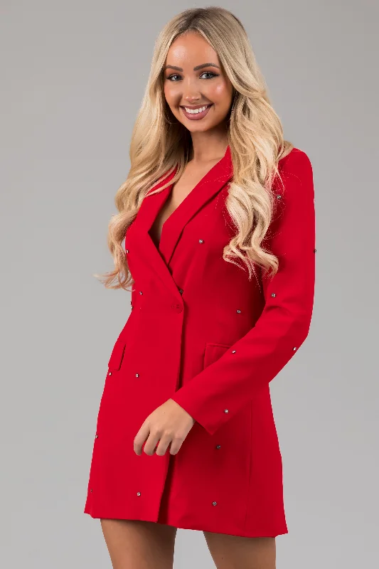 Pomegranate Rhinestone Accent Short Blazer Dress Women's Fashion Blazer