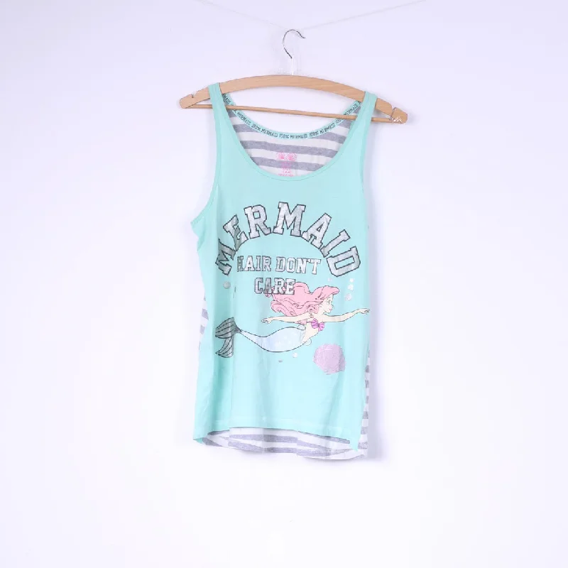 Primark Womens 6/8 S Tank Top Disney Mermaid Hair Dont Care Cotton Light Green rhinestone tank top