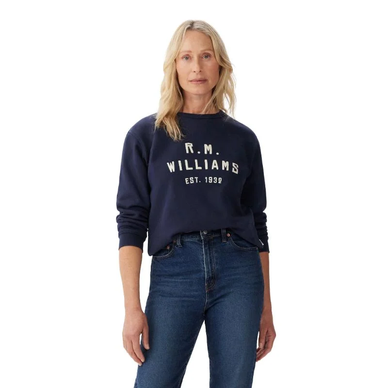 R.M.Williams Stencil Ladies Crew Neck Sweatshirt - Navy Hoodie with Hem Ribbing Snug Secure R.M.Williams Stencil Ladies Crew Neck Sweatshirt - Navy Hoodie with Hem Ribbing Snug Secure