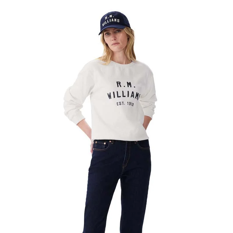 R.M.Williams Stencil Ladies Crew Neck Sweatshirt - White Hoodie with Slim Fit Tailored Modern R.M.Williams Stencil Ladies Crew Neck Sweatshirt - White Hoodie with Slim Fit Tailored Modern