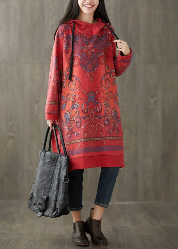 Red Print Sweatshirt dresses drawstring Spring Hoodie with Hem Raw Edge Edgy Unfinished Red Print Sweatshirt dresses drawstring Spring Hoodie with Hem Raw Edge Edgy Unfinished