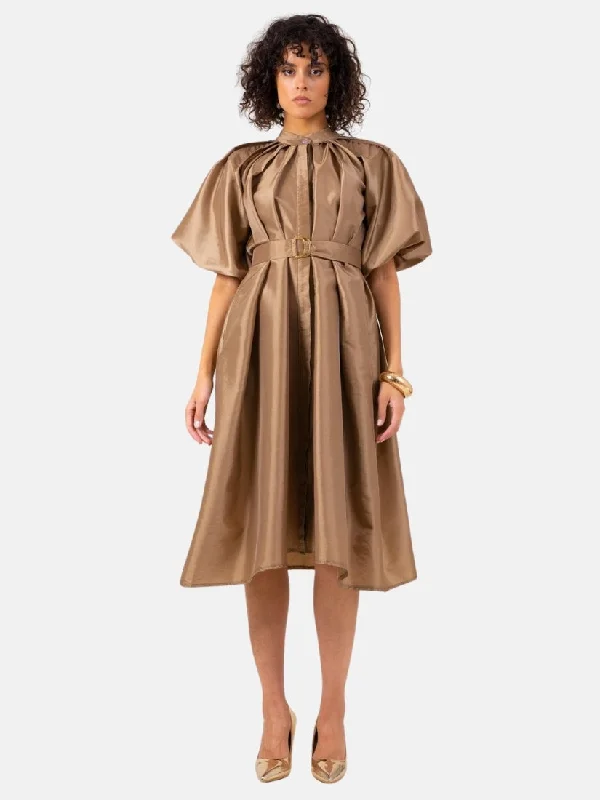 Bronze Dress with Raglan Sleeve and Pleats