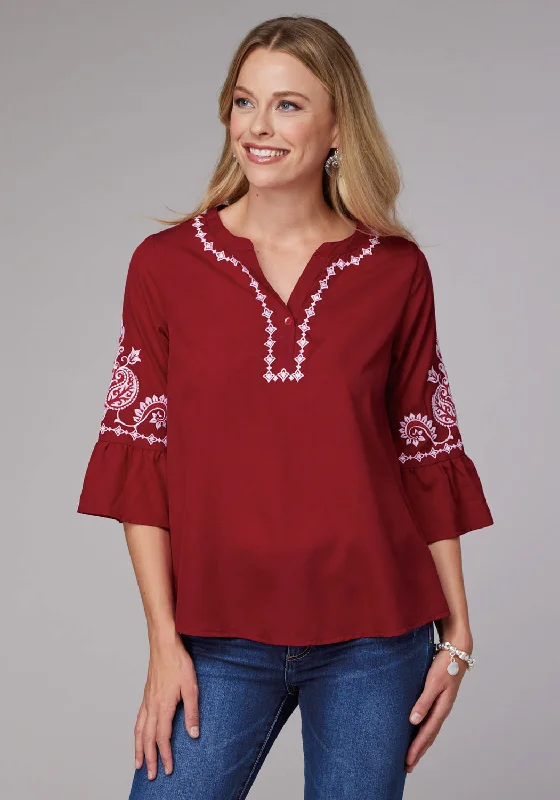 Roper Womens Bell Sleeve Pullover Red 100% Polyester S/S Blouse Kimono Neck Pullover Roper Womens Bell Sleeve Pullover Red 100% Polyester S/S Blouse Kimono Neck Pullover