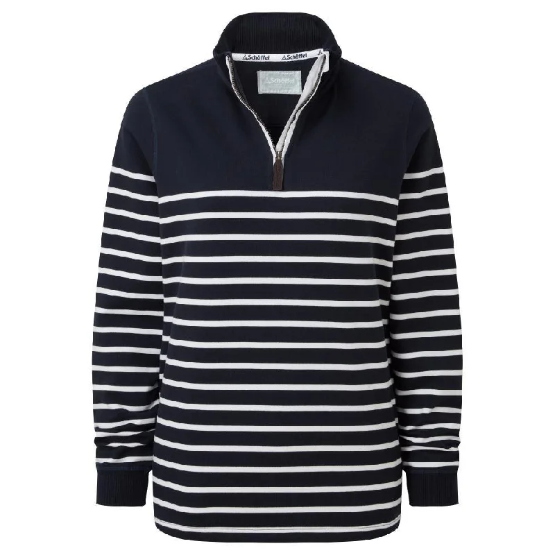 Schoffel Hope Cove 1/4 Zip Ladies Sweatshirt - Navy Stripe Hoodie with Set-In Sleeves Structured Classic Schoffel Hope Cove 1/4 Zip Ladies Sweatshirt - Navy Stripe Hoodie with Set-In Sleeves Structured Classic