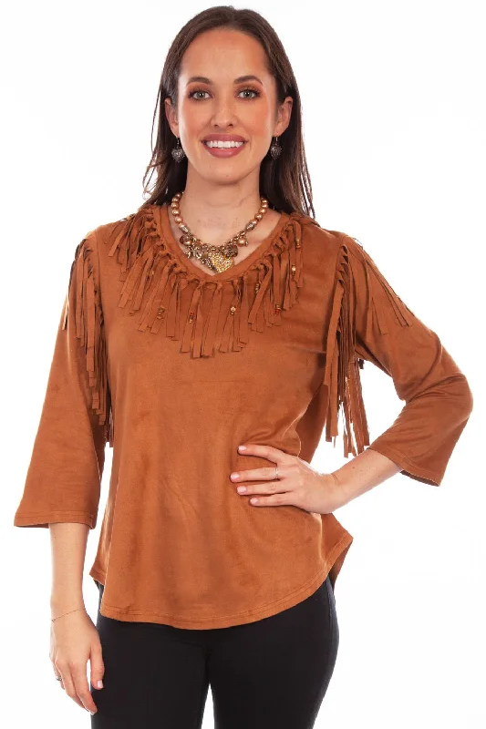 Scully Womens Pullover Fringe Brown Poly/Spandex S/S Tunic Notched Neck Pullover