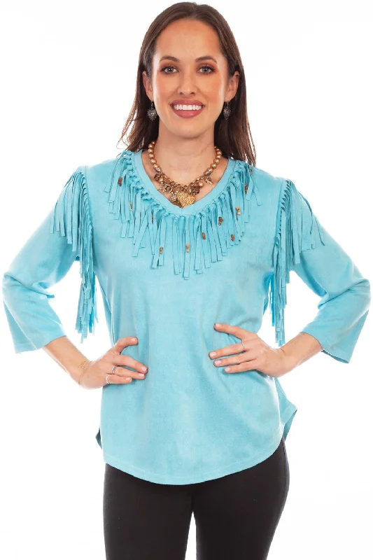 Scully Womens Pullover Fringe Turquoise Poly/Spandex S/S Tunic Deep Neck Pullover