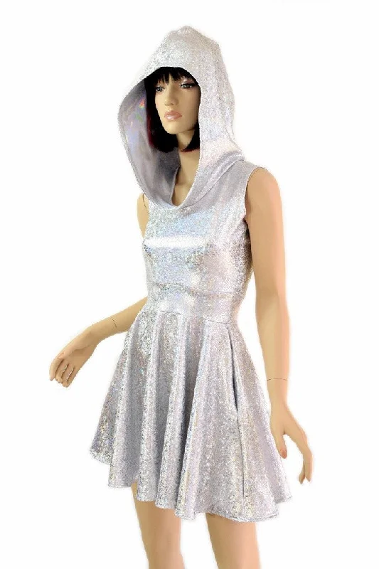 Silvery Holographic Pocket Skater Dress