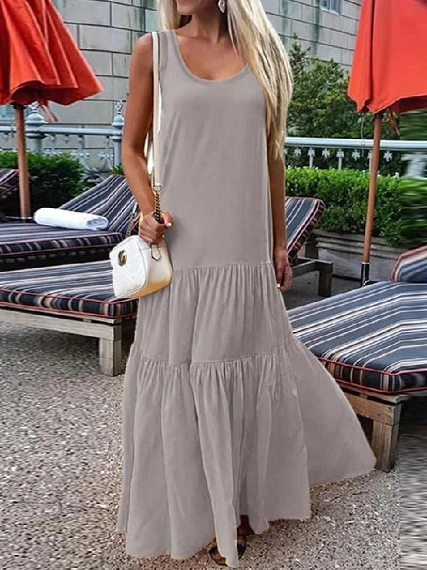 Sleeveless Pleated Ankle-Length Plain Pullover Dress Cowl Neck Pullover
