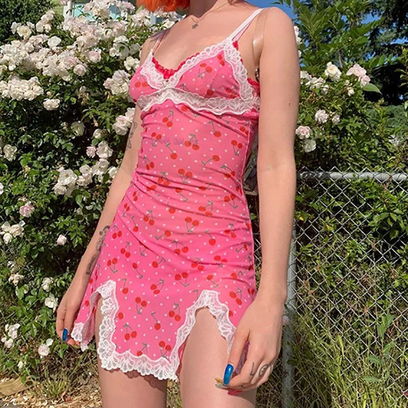 SLIP HALTER LACE HEM SLIT “CHERRY" DRESS BY71105