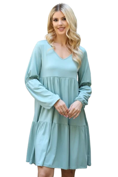 Solid V Neck Elastic Detail Sleeve Tiered Dress Aloe - Pack of 6